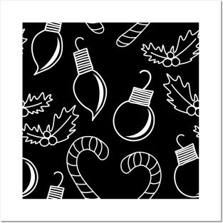 Christmas Ornaments Print Pattern, White Chalkboard Doodles on a Black Backdrop, made by EndlessEmporium Posters and Art